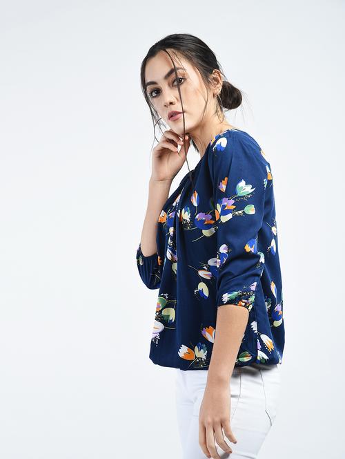 pleated neck floral blouson top - 15165103 - Standard Image - 1