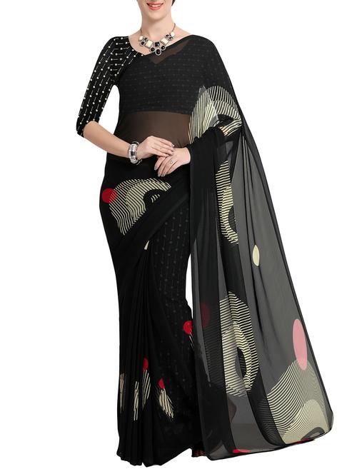 black georgette printed saree with blouse - 15177160 - Very Small Image - 1