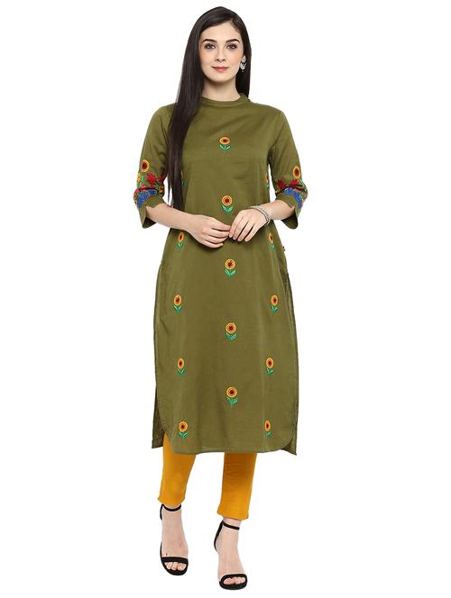 green cotton straight kurta - 15201252 - Standard Image - 1