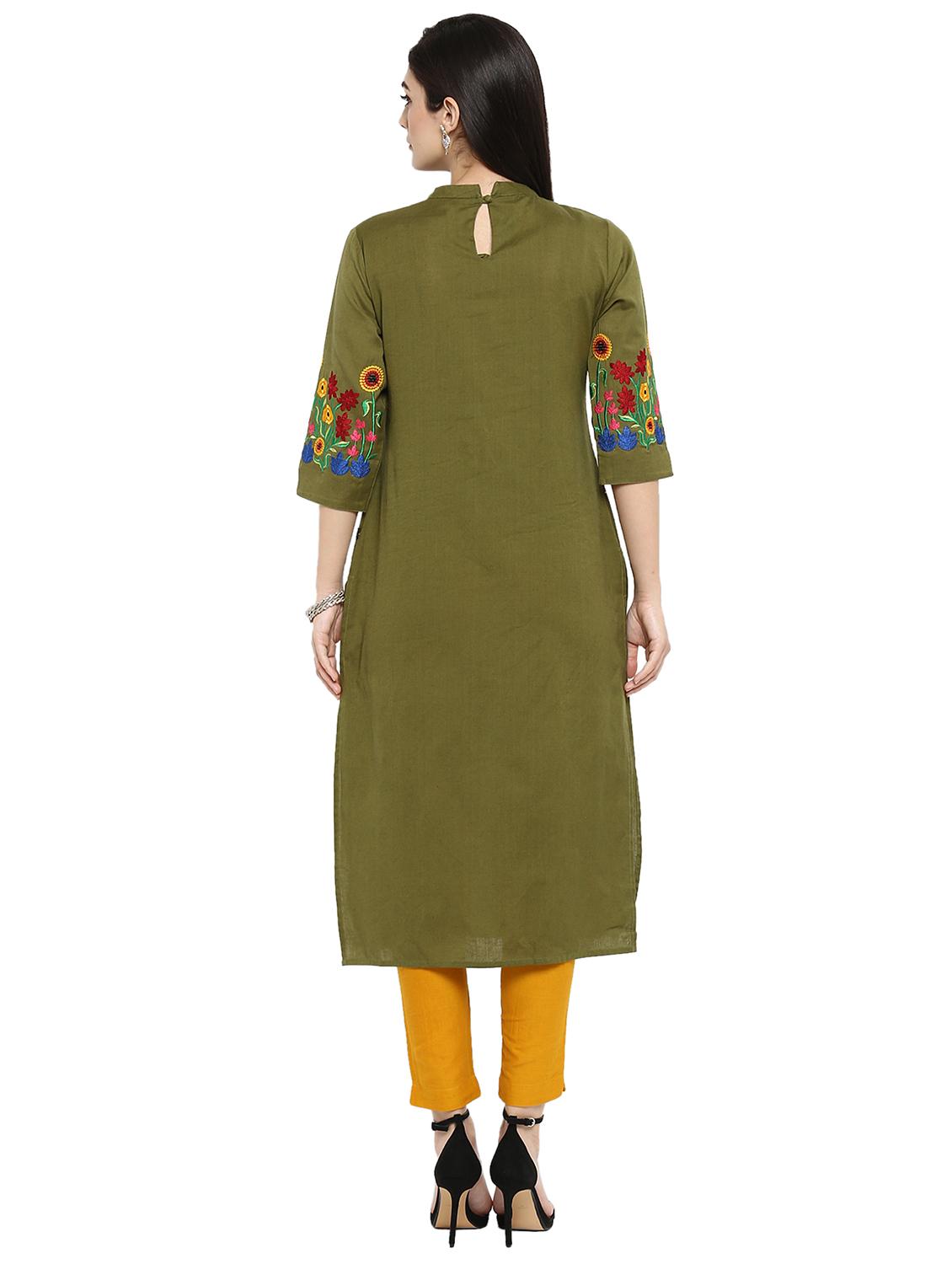 green cotton straight kurta - 15201252 - Zoom Image - 4