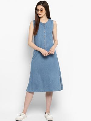 blue solid a-line denim dress - 15205752 - Standard Image - 4