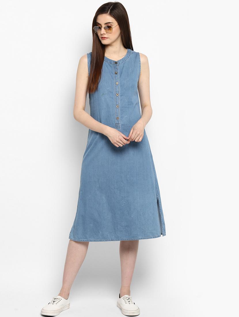 blue solid a-line denim dress - 15205752 - Zoom Image - 4
