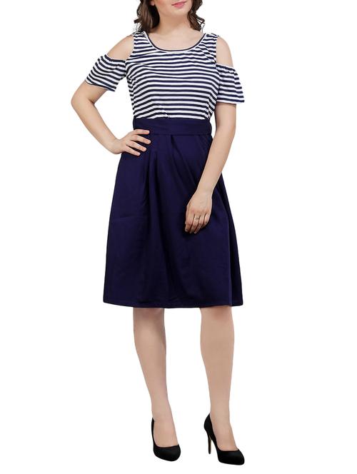 navy blue striped cotton fit & flare dress - 15215841 - Very Small Image - 1