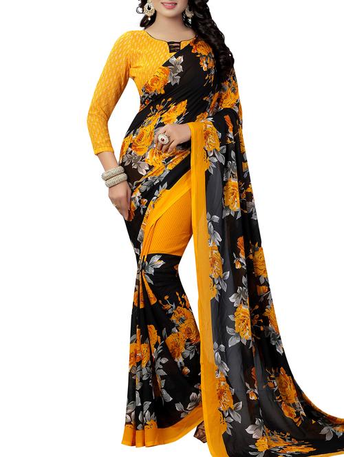 yellow georgette printed saree with blouse - 15218956 - Standard Image - 1