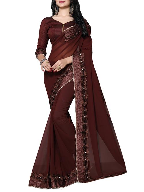 brown georgette bordered saree with blouse - 15231471 - Very Small Image - 1