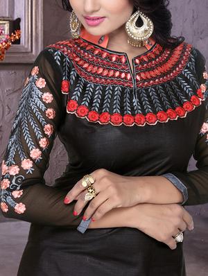 Black embroidered unstitched churidaar suit - 15233868 - Standard Image - 4