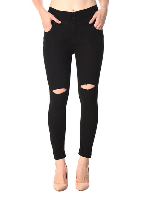 black solid denim knee slit jeans - 15261399 - Standard Image - 1