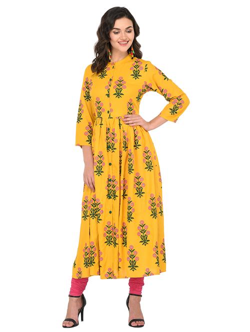mustard viscose flared kurta - 15265622 - Standard Image - 1