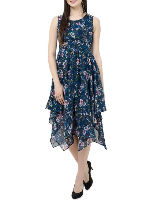 navy blue georgette floral assymetric dress - 15273742 - Very Small Image - 1