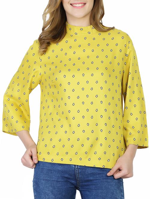 yellow rayon printed mock neck top - 15300296 - Very Small Image - 1