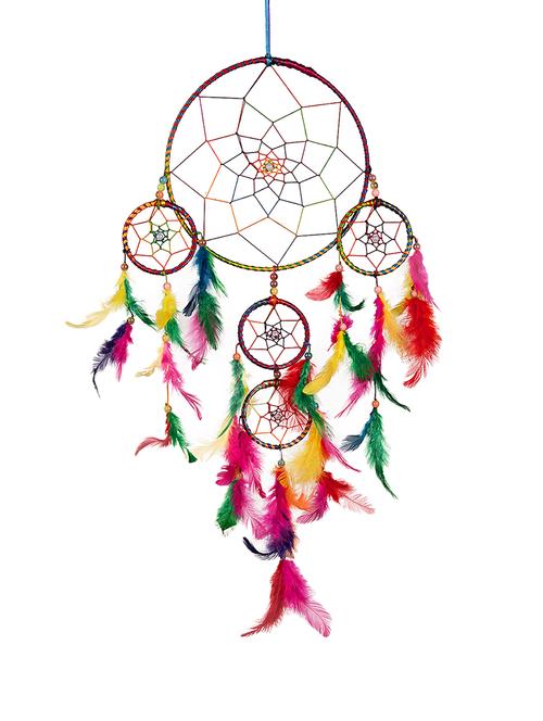 Dream Catcher Wall Hanging Handmade Beaded~ 1 Big and 4 Small Circular Net with Feather Decoration Ornaments Size 21cm Diameter - 15301539 - Very Small Image - 1