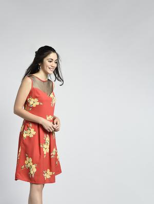 mesh yoke floral pleated dress - 15316366 - Standard Image - 4