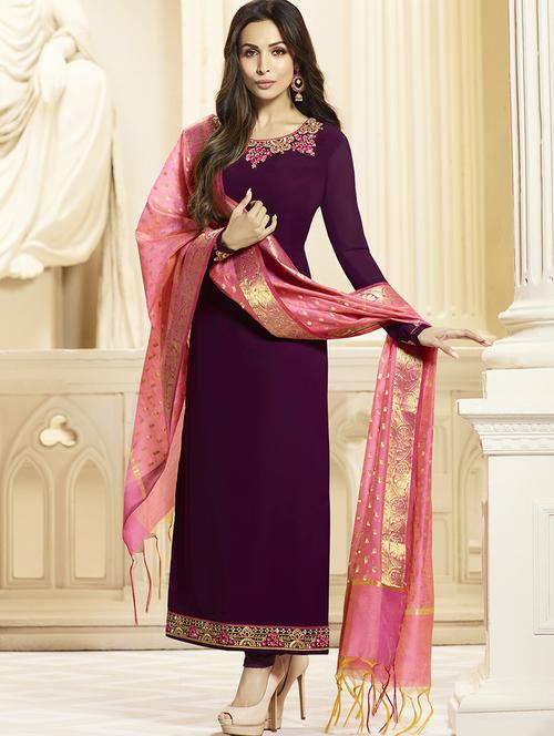 Embroiderd semi-stitched churidaar suit - 15321755 - Standard Image - 1