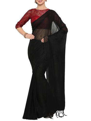 plain black saree with tassels with blouse - 15344447 - Very Small Image - 1