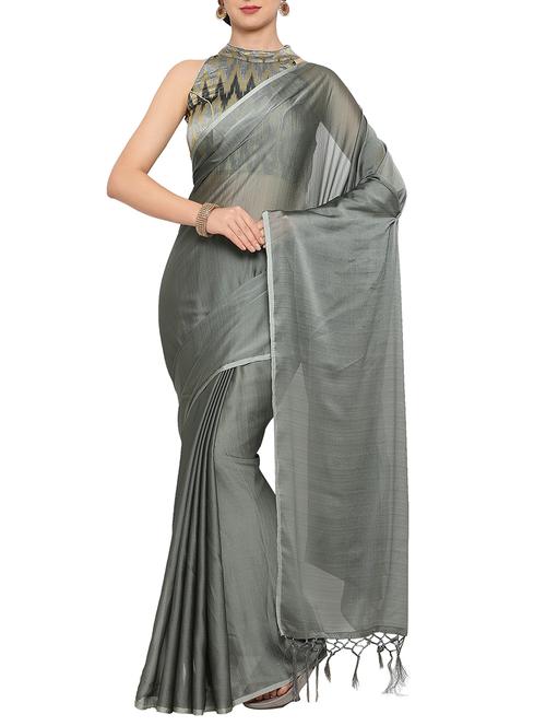 plain grey saree with tassels with blouse - 15344450 - Standard Image - 1