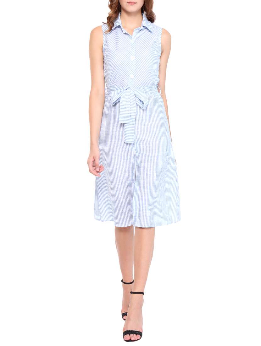 button down striped belted dress