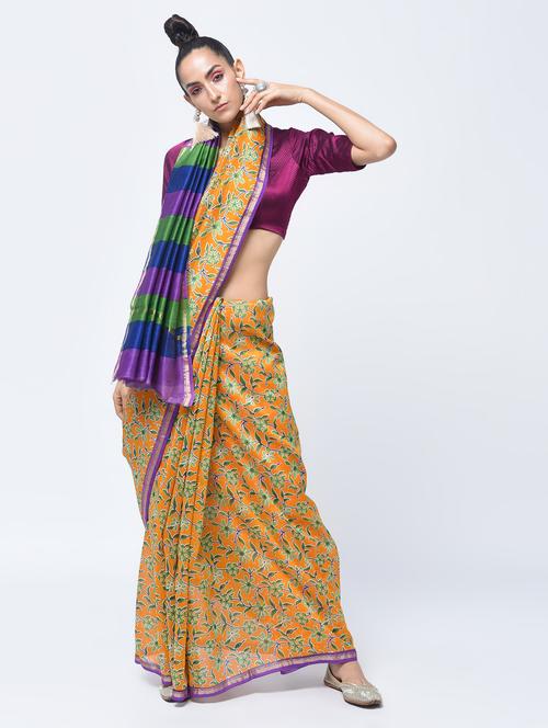 chanderi floral striped pallu saree with blouse - 15450527 - Standard Image - 1