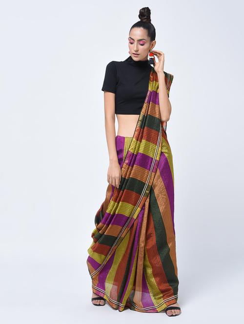contrast pallu striped jamdani saree with blouse - 15452401 - Standard Image - 1