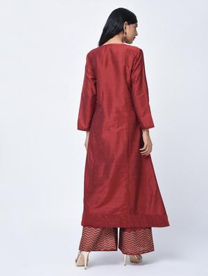 maroon silk angrakha kurta - 15456336 - Standard Image - 4