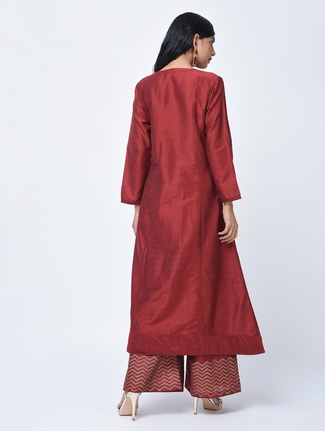 maroon silk angrakha kurta - 15456336 - Zoom Image - 4
