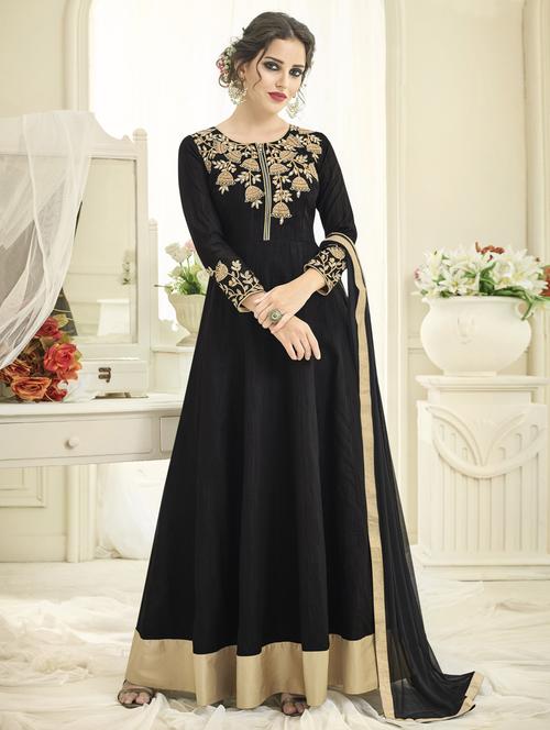 Embroidered semi-stitched flared suit - 15459940 - Standard Image - 1