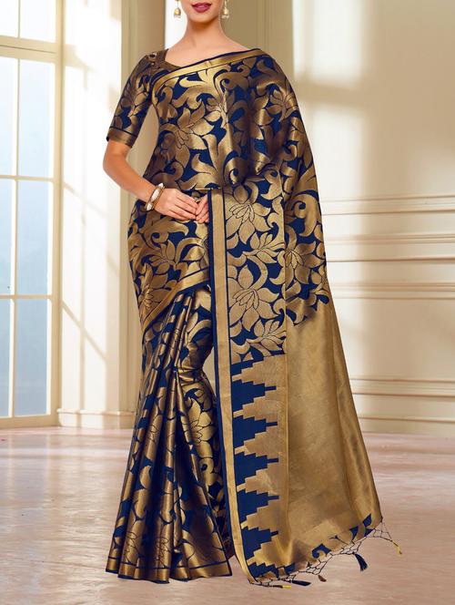 gold zari floral kanjivaram saree with blouse - 15463991 - Standard Image - 1