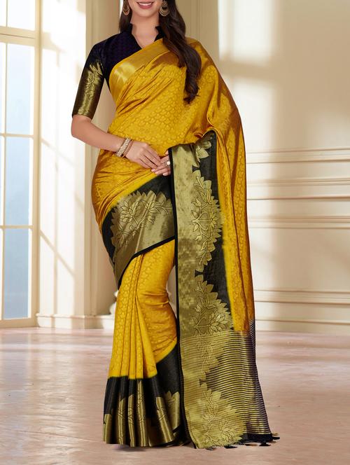 contrast floral border kanjivaram saree with blouse - 15464101 - Very Small Image - 1