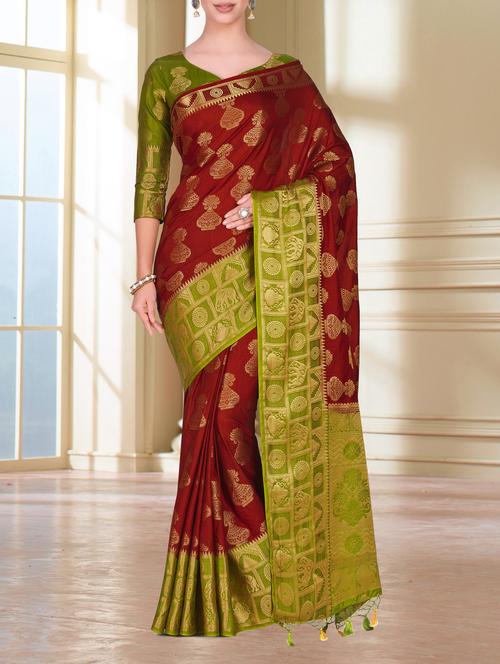 contrast conversational border kanjivaram saree with blouse - 15464275 - Standard Image - 1