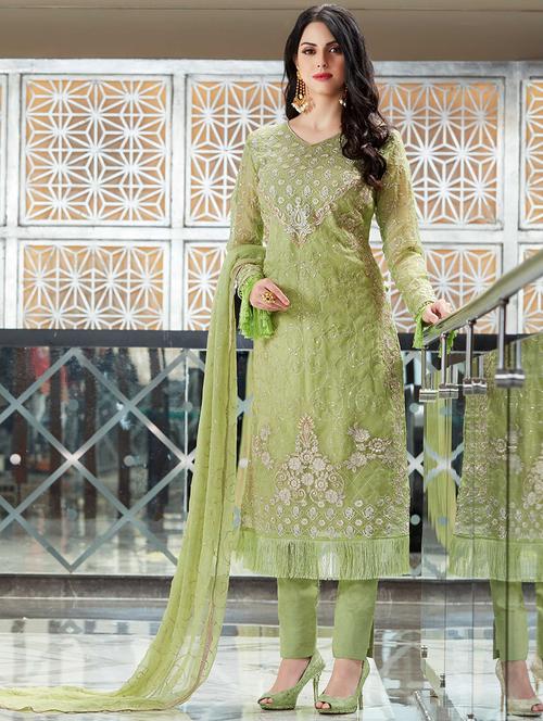 Embroidered semi-stitched straight pant suit - 15464374 - Standard Image - 1
