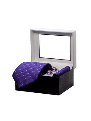 purple micro fiber tie with cufflinks & pocketsquare - 15473779 - Standard Image - 4