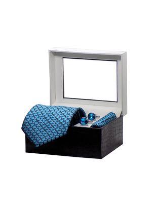 blue micro fiber tie with pocket square and cufflinks - 15473788 - Standard Image - 4