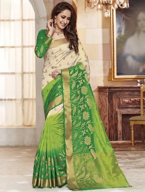 contrast shades floral banarasi saree with blouse - 15475110 - Standard Image - 1