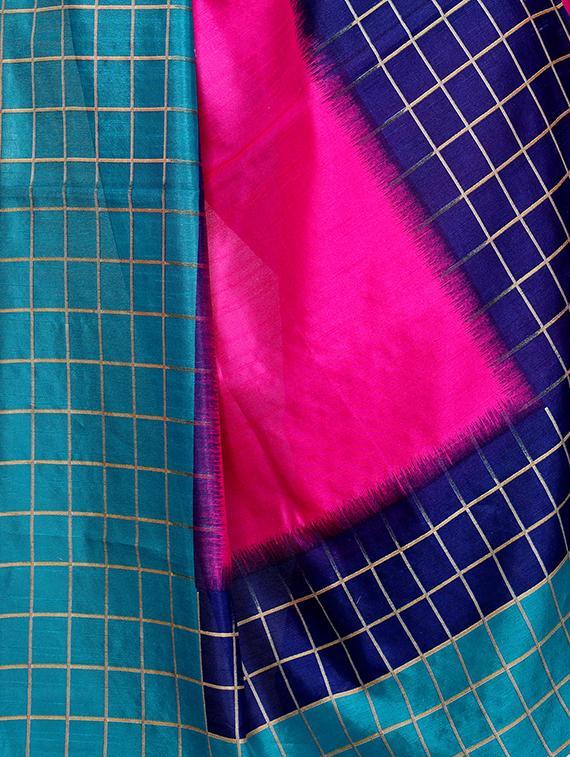 checkered bordered printed saree with blouse - 15494210 - Zoom Image - 4