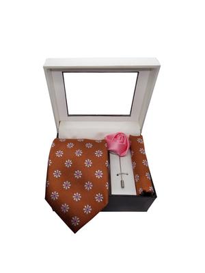 brown micro fiber tie with lapel pin and pocket square - 15495581 - Standard Image - 4