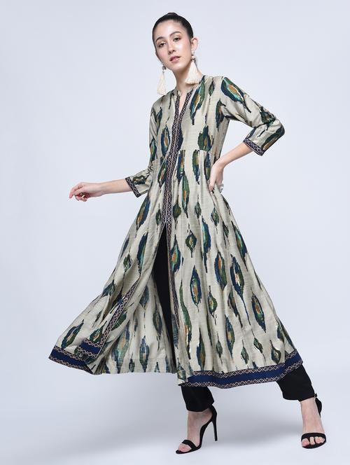 Silk Anarkali slit ikat print kurta - 15501402 - Standard Image - 1