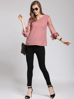 v-neck net sleeved top - 15507449 - Standard Image - 4