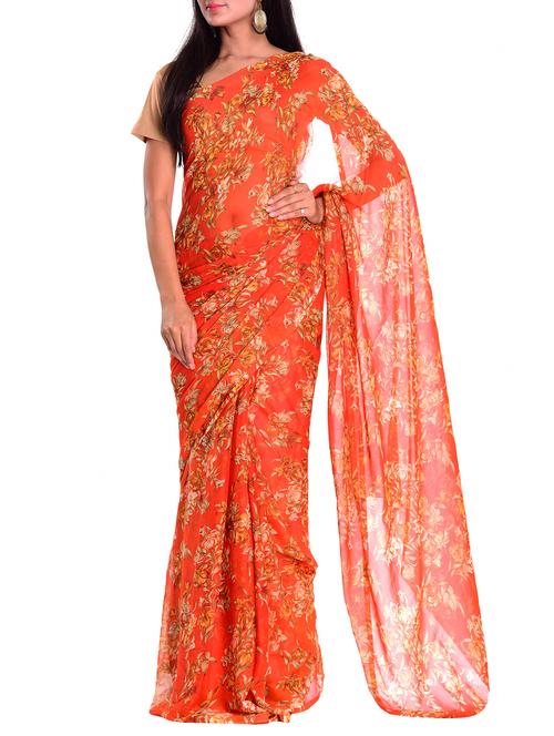 floral printed orange saree with blouse - 15516809 - Standard Image - 1