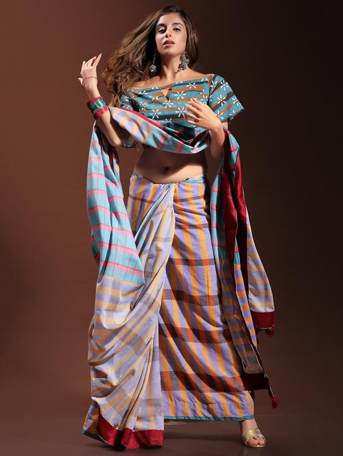 checkered violet printed saree with blouse - 15529530 - Standard Image - 1