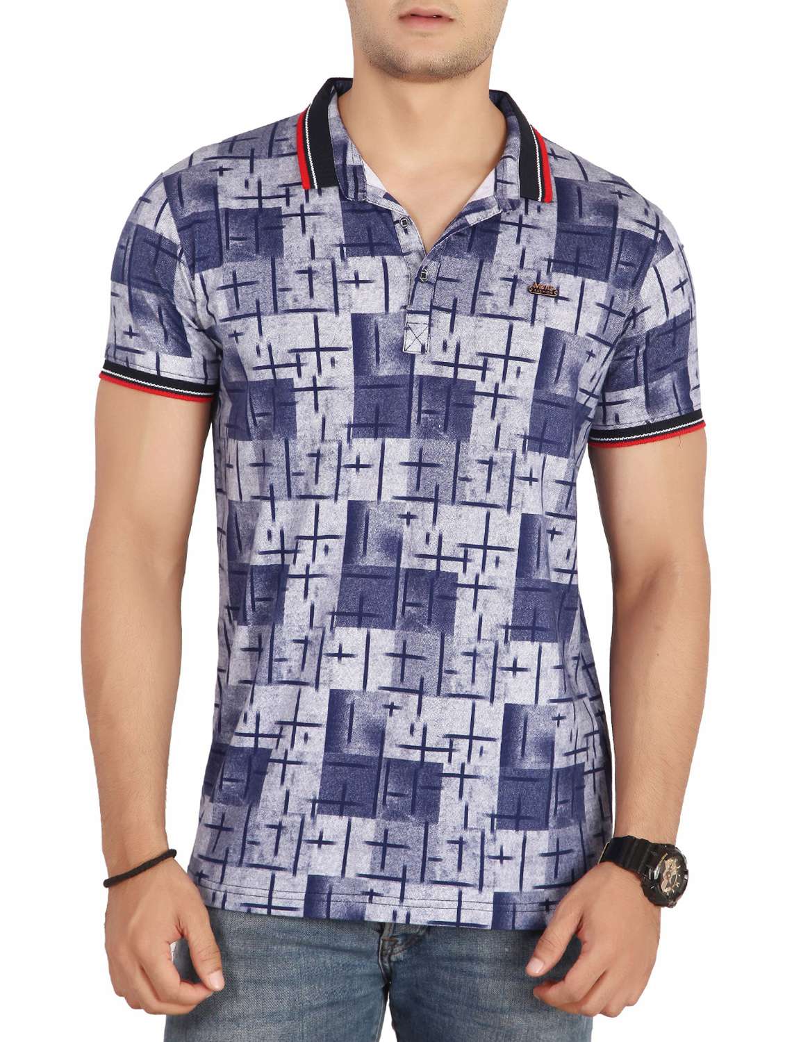 blue printed polo t-shirt