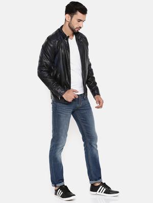 navy blue leather biker jacket - 15601752 - Standard Image - 4