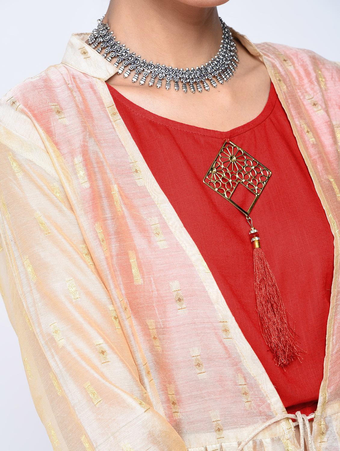 Bell sleeved chanderi top pant with shrug set - 15606721 - Zoom Image - 4