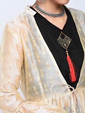 Bell sleeved chanderi top pant with shrug set - 15606722 - Standard Image - 4
