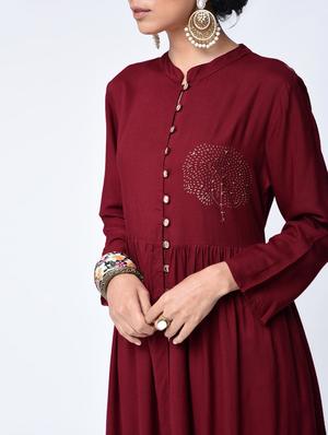 Wine high slit printed kurta - 15606727 - Standard Image - 4