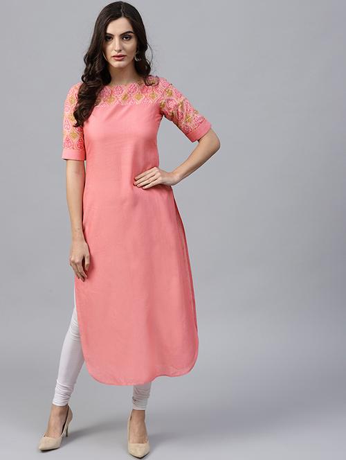 Rose pink printed yoke straight kurta - 15606906 - Very Small Image - 1
