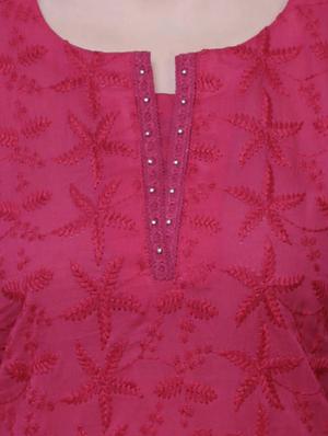 fuchsia chikankari straight solid kurti - 15607903 - Standard Image - 4