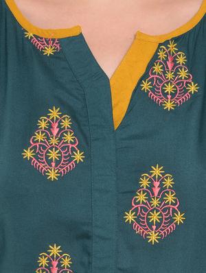 Teal embroidered straight kurta - 15612051 - Standard Image - 4