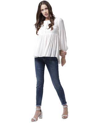 lace yoke gather detail asymmetric top - 15615431 - Standard Image - 4