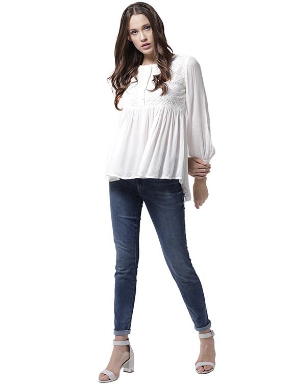 lace yoke gather detail asymmetric top - 15615431 - Zoom Image - 4