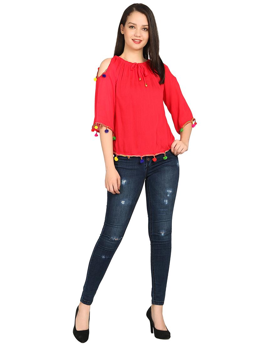 gathered neck pom pom detail top - 15615544 - Zoom Image - 4