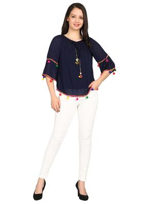 gathered neck pom pom detail top - 15615545 - Standard Image - 4